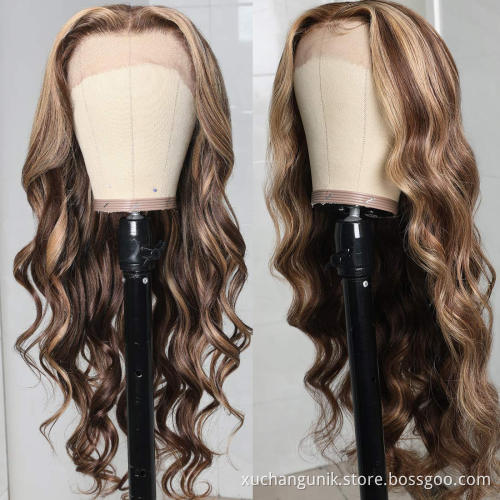 Uniky 13x4 lace frontal piano highlights bodywave wig dark brown wig with blonde highlights chocolate highlight human hair wig